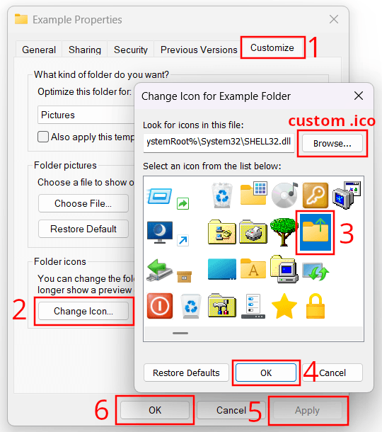 Change folder icon in Windows Properties Customize tab
