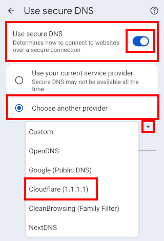 Enabling Secure DNS over HTTPS inside the Google Chrome browser settings on an Android device