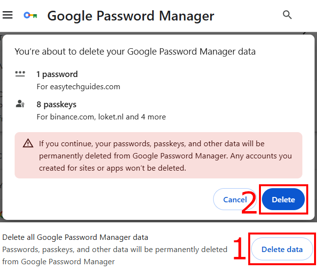 Google Chrome Password Manager Settings page highlighting the Delete Data button next to the option to delete all password data