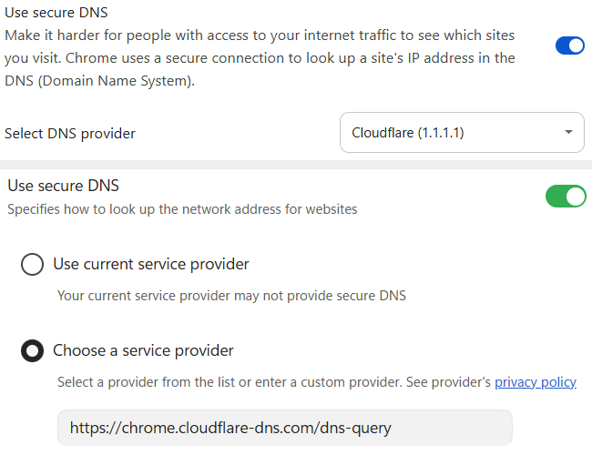 Enabling DNS over HTTPS inside Chrome, Edge, and Brave browser security settings to route web traffic through Cloudflare