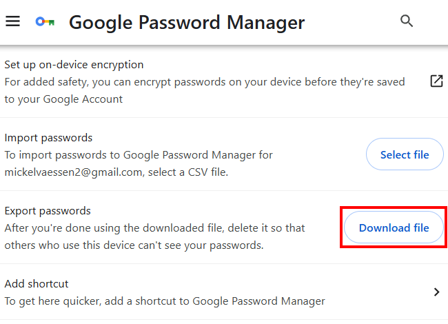 Google Chrome Password Manager Settings page highlighting the Download File button under the Export Passwords section.