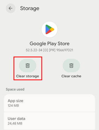Clearing data for Google Play Store in Android settings