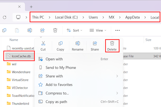 Clear Windows icon cache by deleting the IconCache.db file