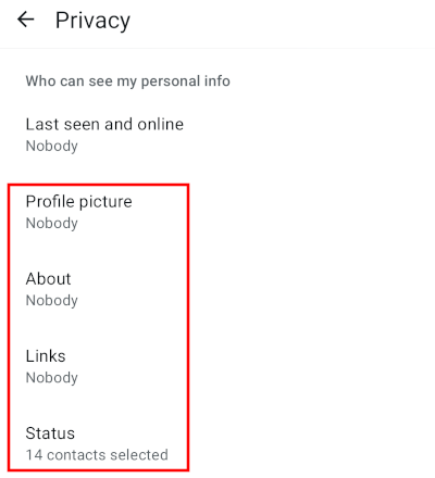 Control who sees your WhatsApp profile picture, about, links, and status on Android