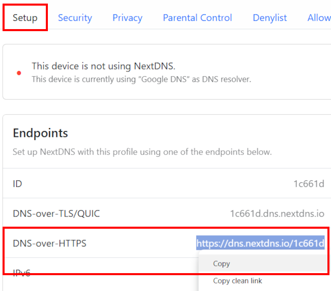 Copy the NextDNS link