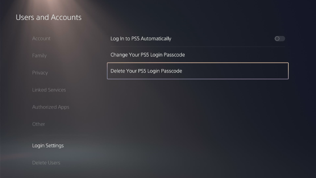 The PS5 system interface highlighting the option to Delete Your PS5 Login Passcode to remove the profile password.