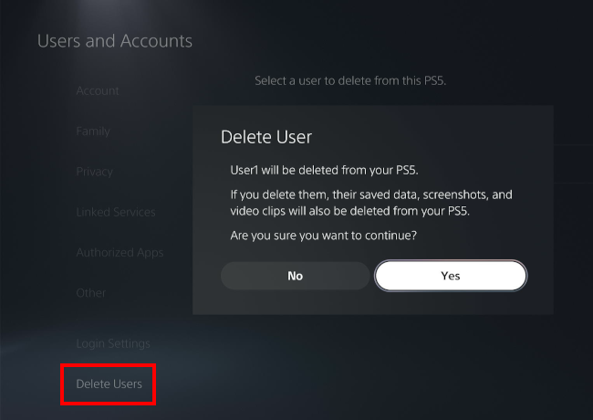 Delete user from PS5