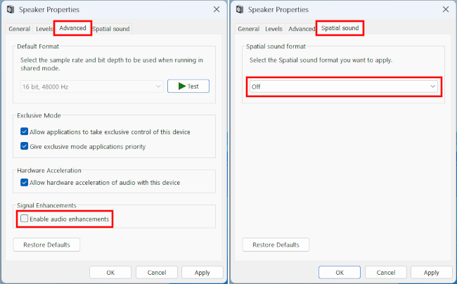 Disable audio enhancements and spatial sound