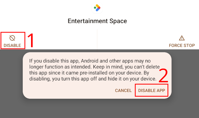 Disable the Google Entertainment Space app on an Android tablet
