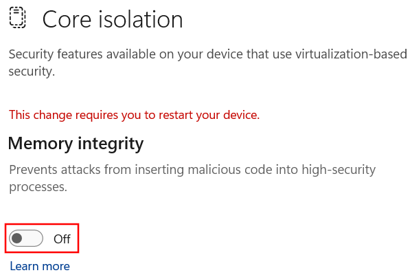 Disable Memory integrity in Windows 11