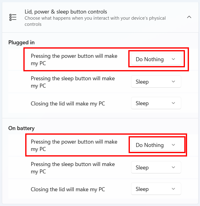 Disable the power button of your PC on Windows 11