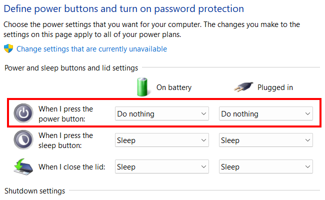 Disable the power button of your PC via Control Panel