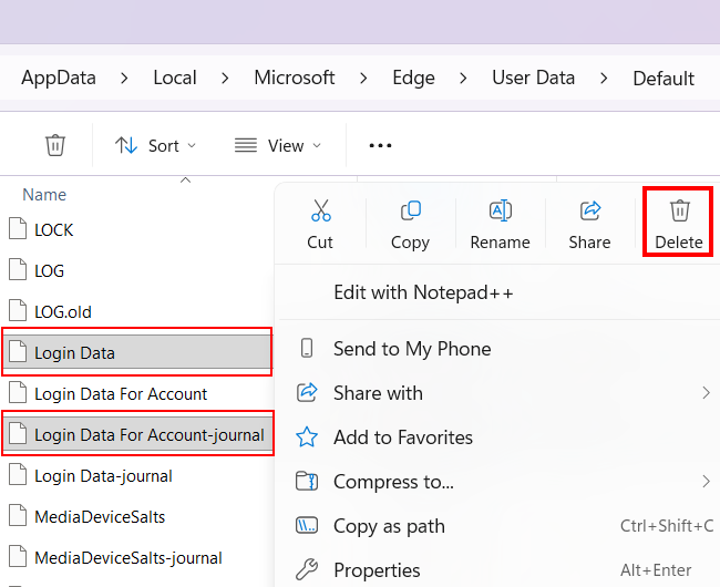 Windows File Explorer showing the Microsoft Edge default profile folder with the Login Data files highlighted for deletion.