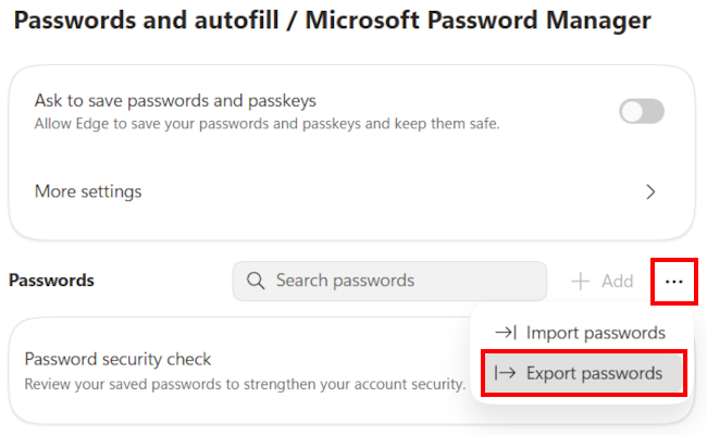 Microsoft Edge password settings panel showing the three-dot More Actions menu open with the Export Passwords option selected.