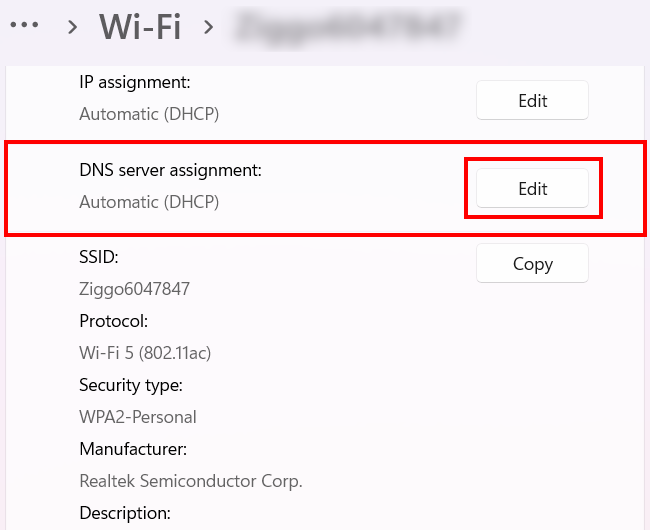 Edit DNS server assignment settings