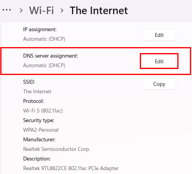 Edit DNS server assignment settings