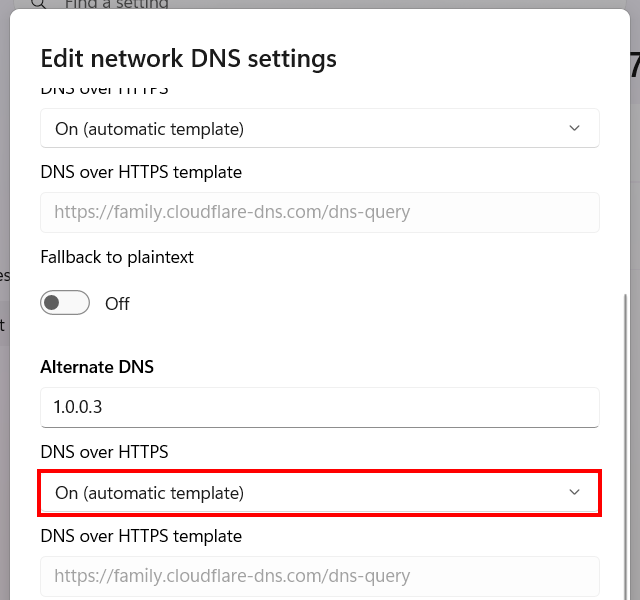 Enable DNS over HTTPS for Alternate DNS