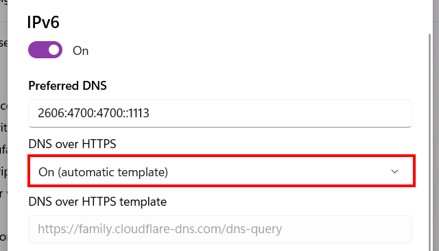 Enable DNS over HTTPS for Preferred DNS for IPv6