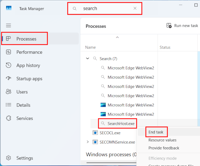 End task for SearchHost.exe in Windows Task Manager