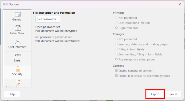 Export button in LibreOffice