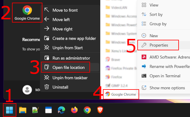 Stitched split-screen showing how to open browser shortcut properties from the Windows start menu