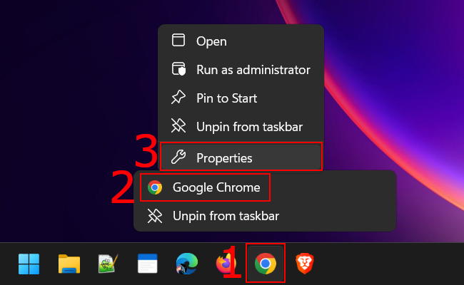 How to open browser shortcut properties from the Windows taskbar