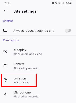 Firefox for Android location settings