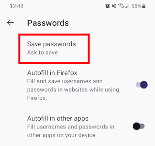 Firefox for Android Save passwords settings