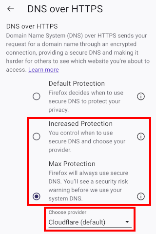 Enabling Secure DNS over HTTPS inside the Firefox browser settings on an Android device