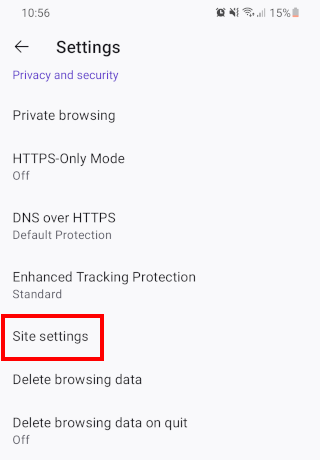 Firefox for Android site settings