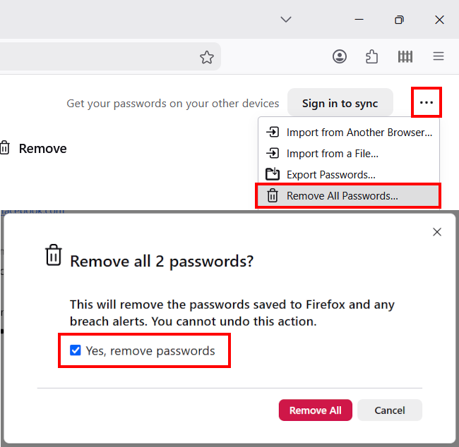 Mozilla Firefox native password manager panel highlighting the main three-dot menu dropdown with the Remove All Logins option selected.