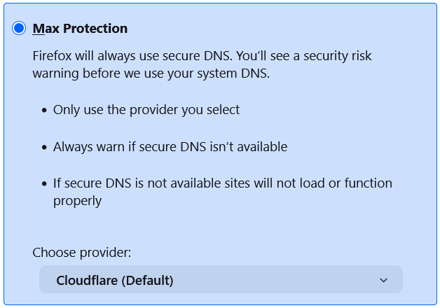 Enabling DNS over HTTPS inside Firefox privacy and security settings to route web traffic through Cloudflare