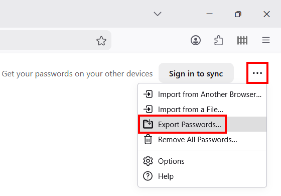Mozilla Firefox logins and passwords interface with the top menu open and the Export Passwords selection active.