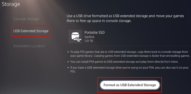 Format as USB Extended Storage on the PS5