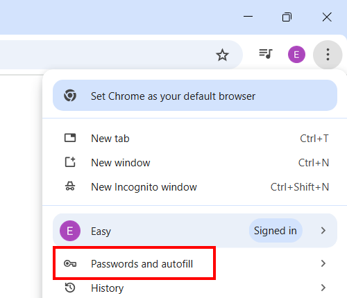 Google Chrome Passwords and autofill menu entry