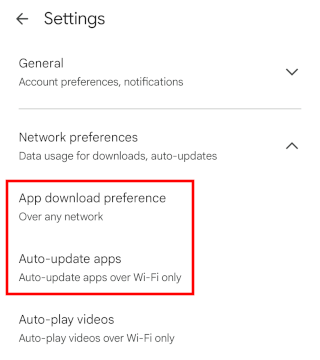 Google Play Store app download preference set to over any network