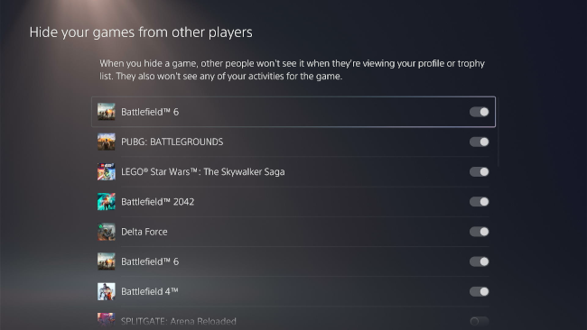 Hide games from other players on PS5