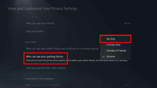 Hide gaming history on PS5