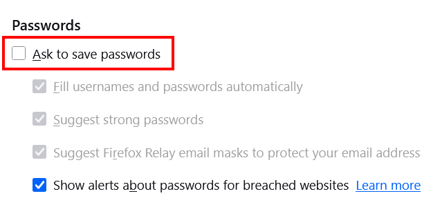 How to make Firefox stop asking to save passwords