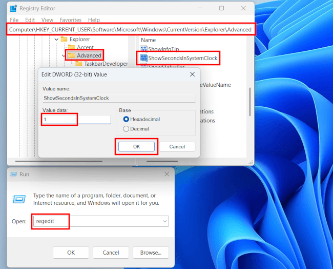 How to show seconds in Windows 11 clock via Registry