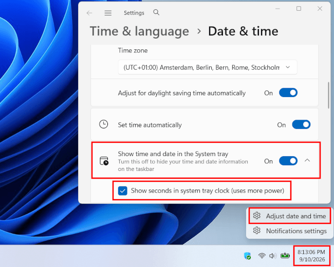 How to show seconds in Windows 11 clock