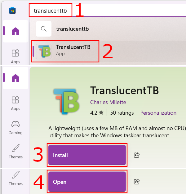 Install TranslucentTB via Microsoft Store