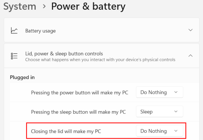 Keep laptop on with lid closed in Windows 11 via settings