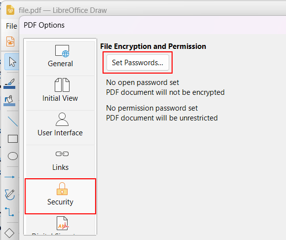 LibreOffice PDF security options