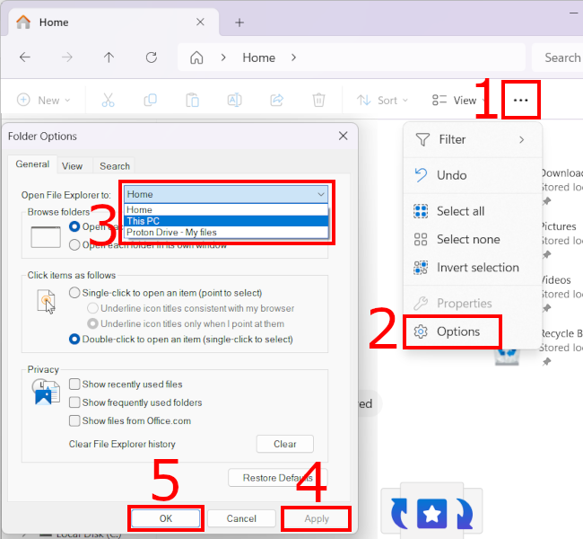 Opening File Explorer folder options and selecting This PC as the default landing page in Windows 11