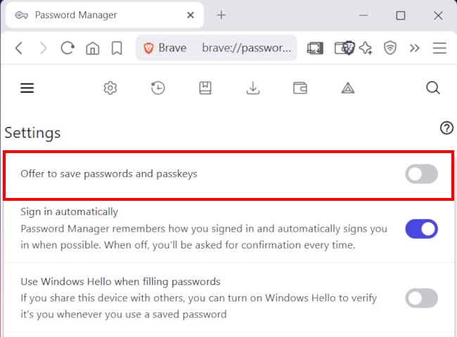 Make the Brave browser stop asking to save passwords on a computer