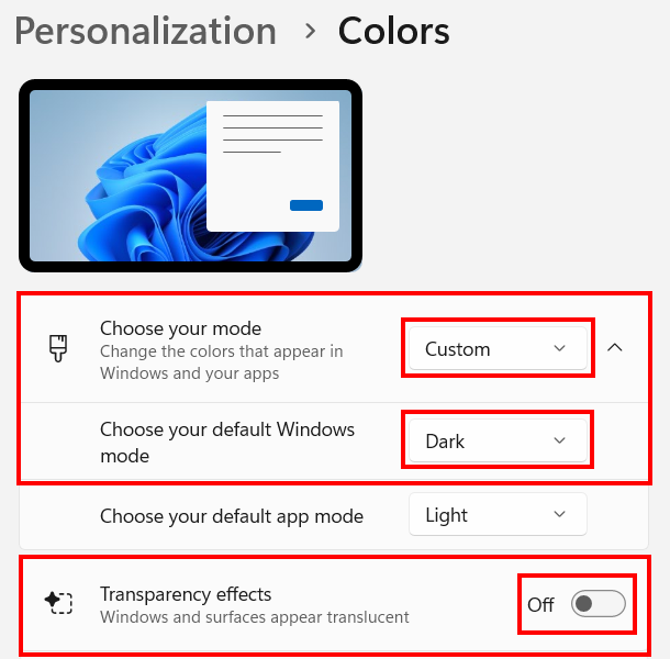 Windows 11 color settings showing Custom mode, Dark Windows mode, and transparency effects turned off