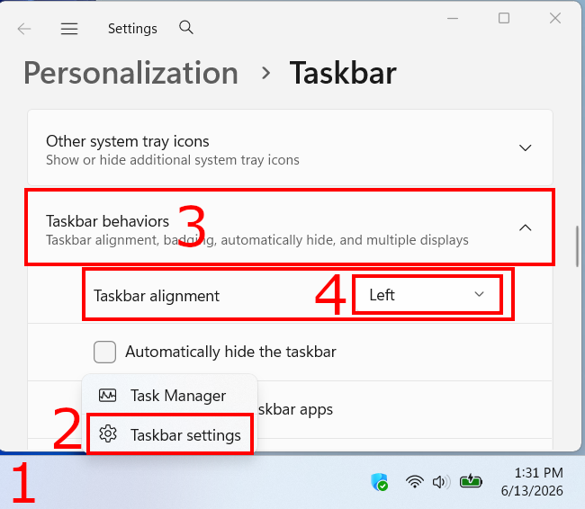 How to move the Windows 11 taskbar and start menu button to the left