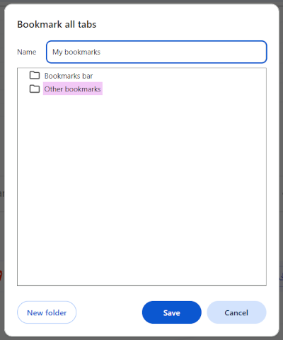 Name the new bookmarks folder in Chrome and Brave