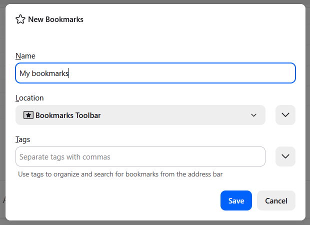 Name the new bookmarks folder in Firefox